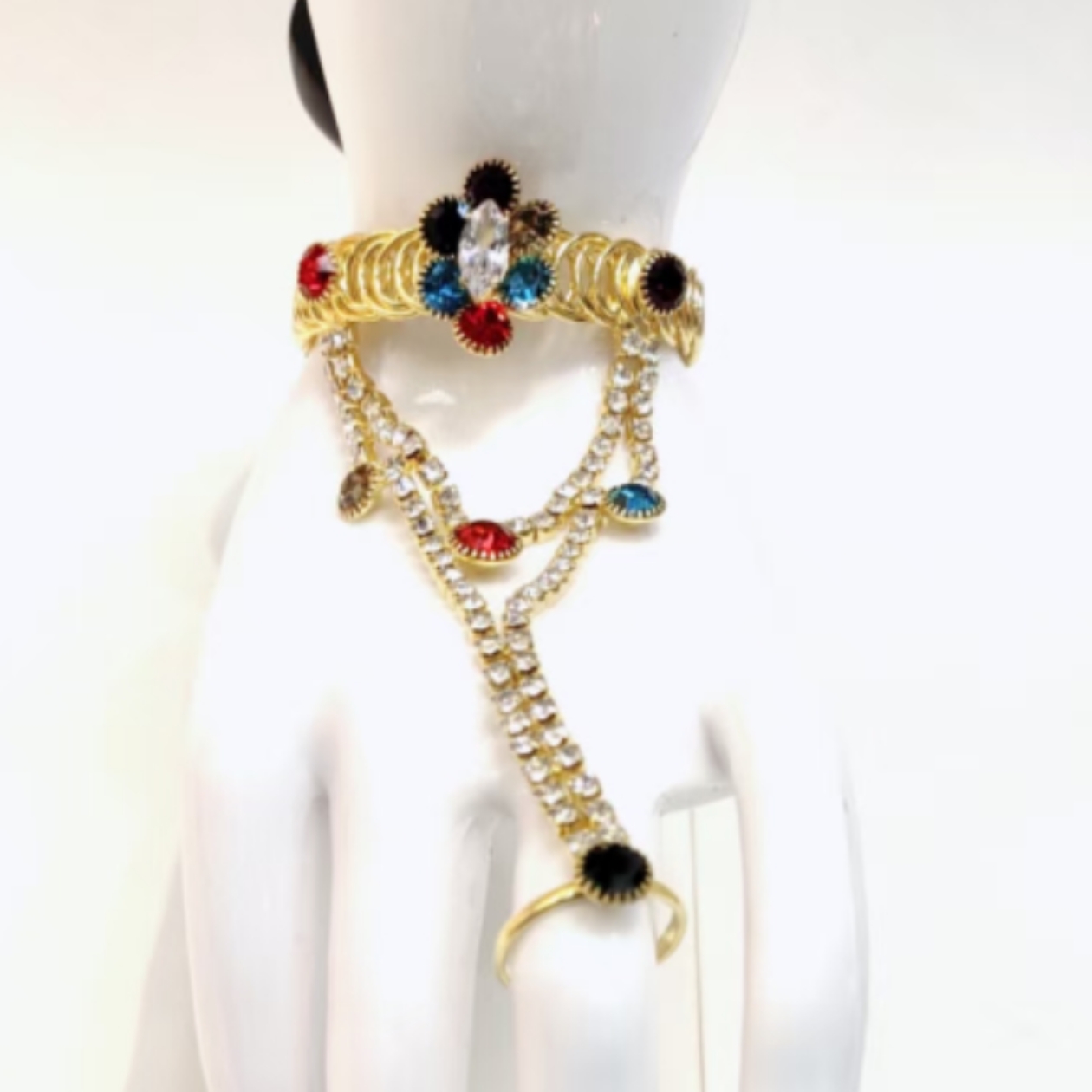 跨境戒指手链一体金属手链复古简约百搭时尚窗帘扣北欧窗帘装饰外贸出口创意复古手镯戒指一体水钻手链手背链金色手环礼物礼品手链