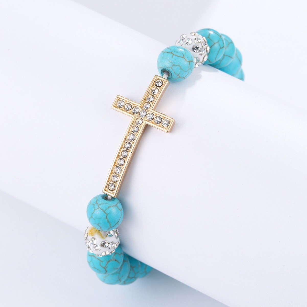 Bohemian turquoise beaded bracelet, ethnic style cross diamond-encrusted turquoise diamond ball beaded bracelet Specification image