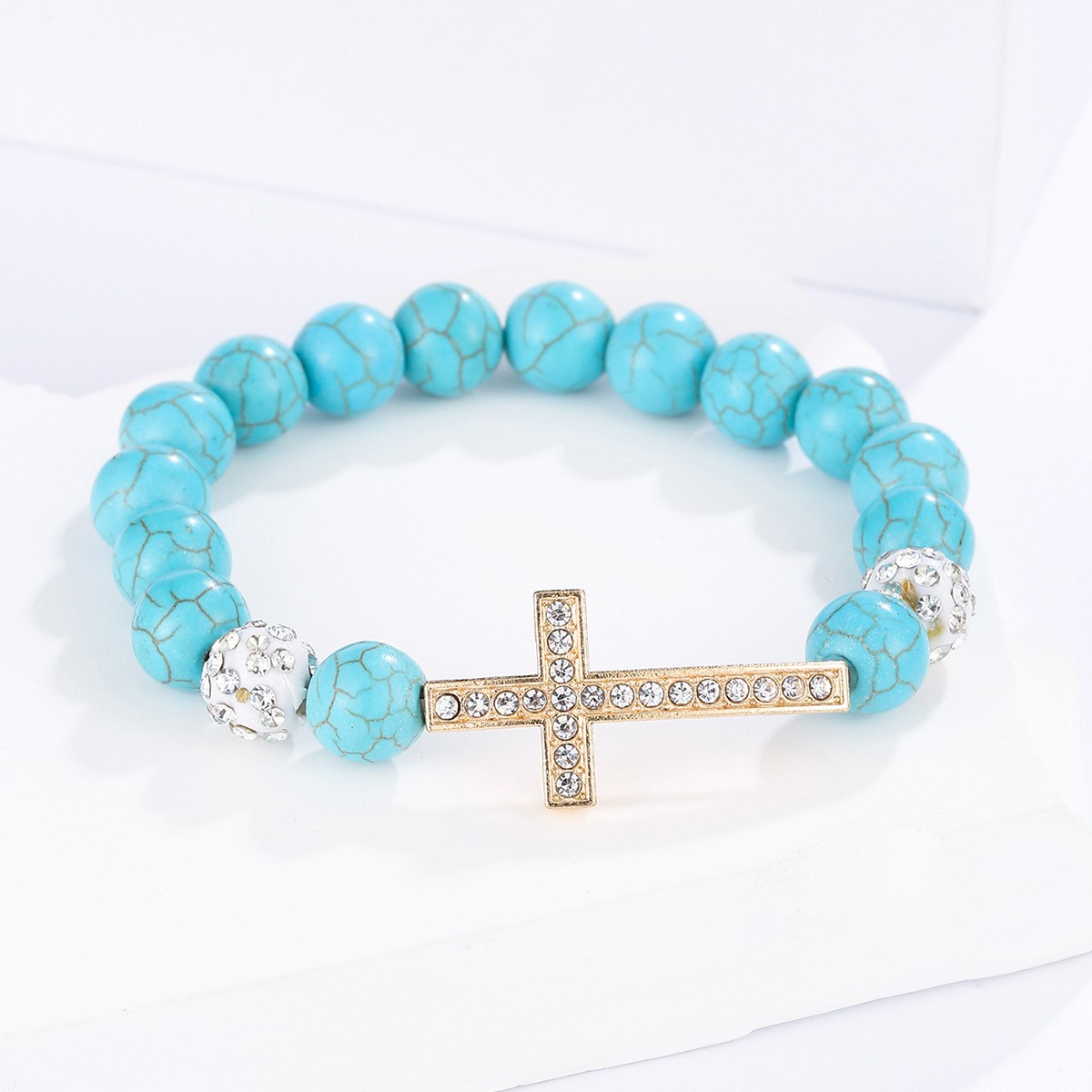 Bohemian turquoise beaded bracelet, ethnic style cross diamond-encrusted turquoise diamond ball beaded bracelet
