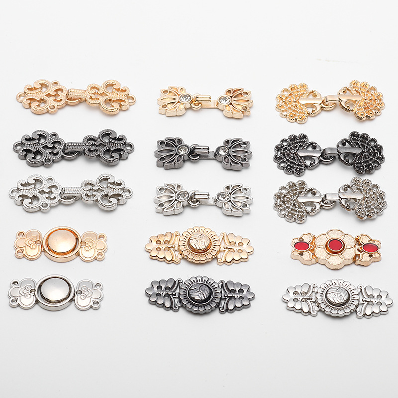 国潮服装饰品新款中国风古装旗袍汉服对扣复古手缝金属盘扣并蒂莲合金子母扣子