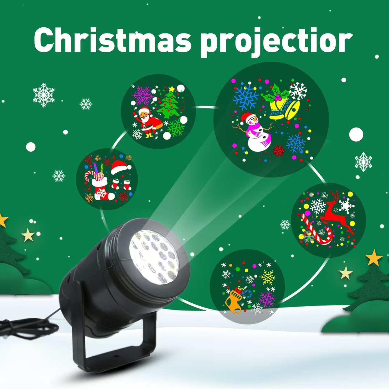 Cross-border LED film Christmas projection light, blizzard card exchange rotating pattern light, Halloween Valentine's Day decorative gift light, family party indoor gathering atmosphere color light, USB high-brightness lens holiday rotating projector full figure