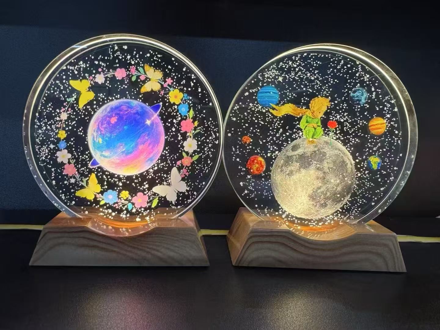 水晶球小夜灯、圆形球灯、扁形球、触摸球黑底、金色底小夜灯，工艺品产品图
