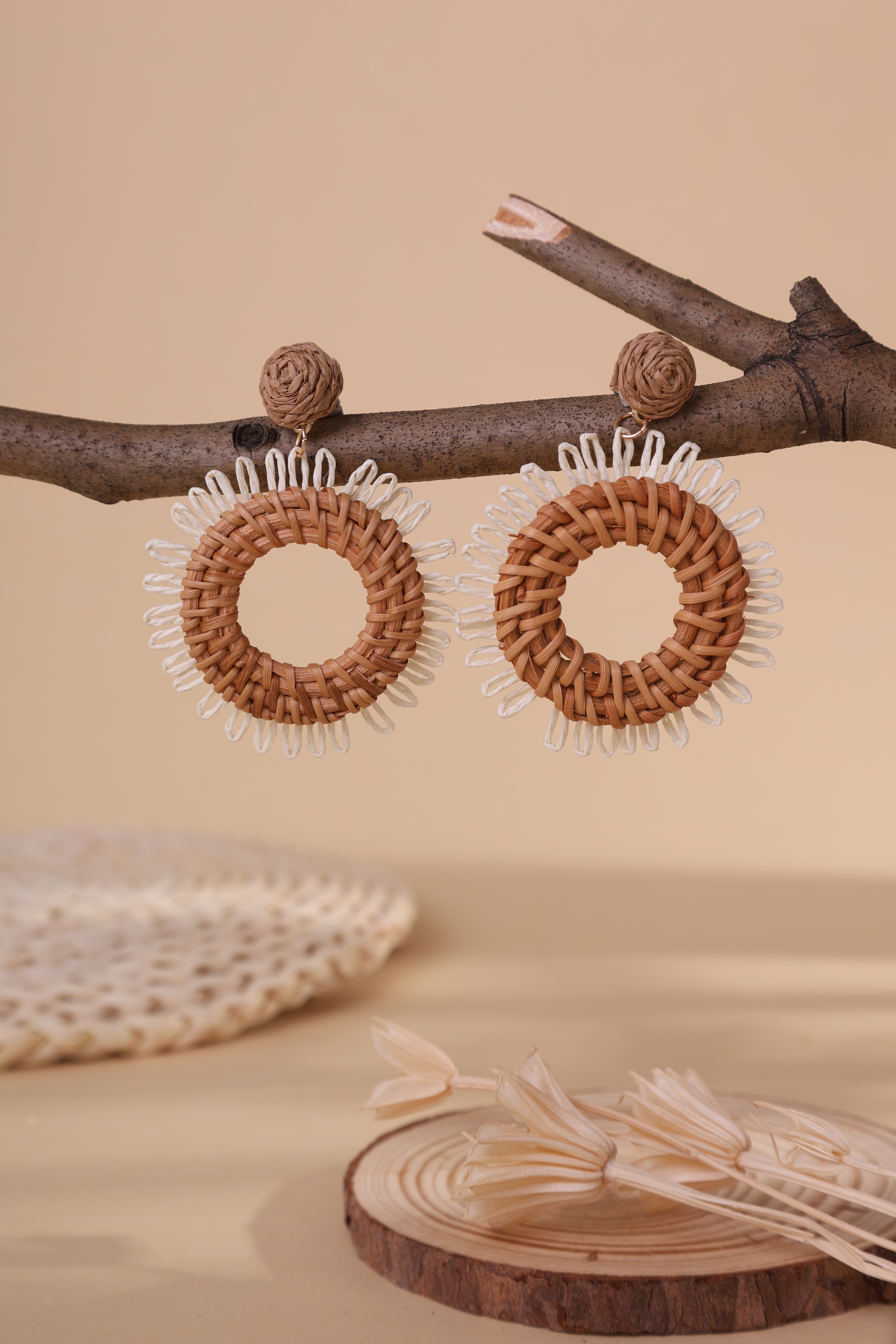  欧美跨境拉菲草波西米亚风手工藤编花朵耳环 几何圆形镂空耳饰饰品耳环耳饰