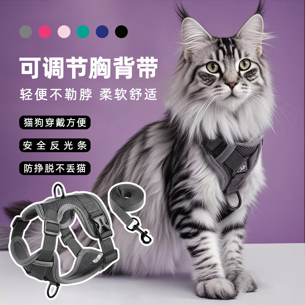 ol新款的猫狗牵引绳反光透气背心式宠物牵引绳