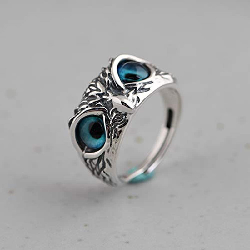 New retro alloy blue eye owl ring adjustable accessory for women's factory wholesale Specification image