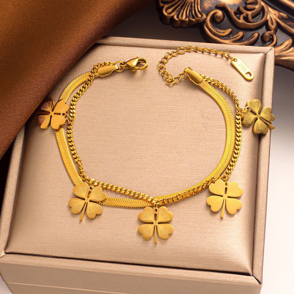 2025春夏新款钛钢手饰ins街头个性嘻哈五个四叶草蛇骨双层手链