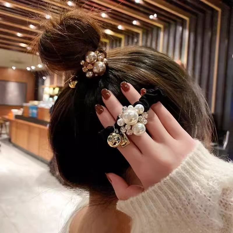 韩国风头花珍珠头饰发圈女高级感扎头发头绳丸子头神器皮筋发饰 图
