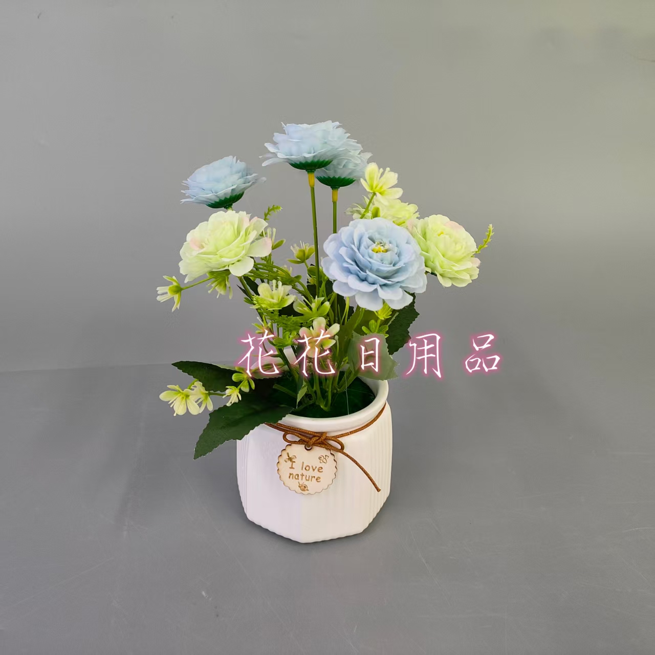 仿真花假花盆景条纹陶瓷盆月季花装饰摆件品详情4