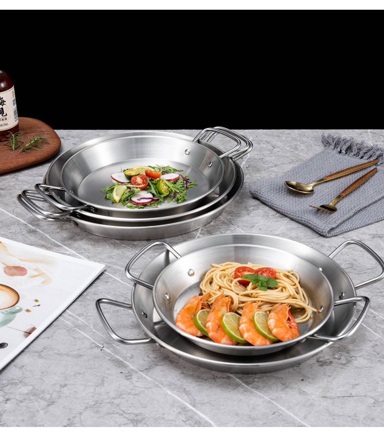 西班牙海鲜盘不锈钢双耳海鲜锅干锅盘韩式炸鸡盘金色小吃小龙虾盘详情8