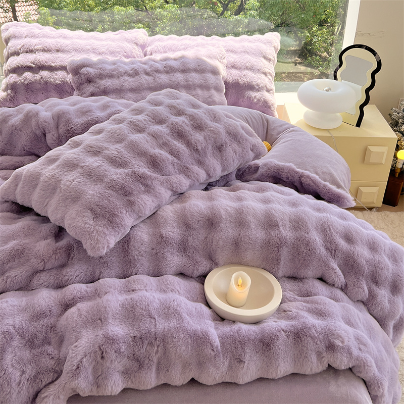 Rabbit hair big bubble fabric milk wool four-piece set thickened bed A-class treated fabric source factory cross-border trade pic 3