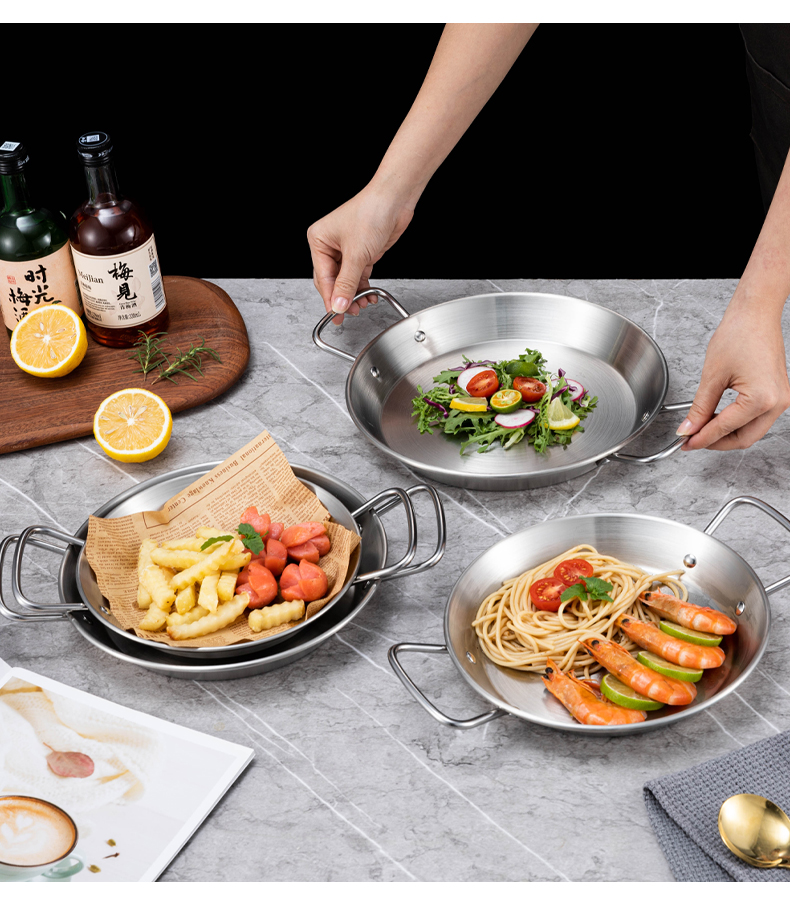 西班牙海鲜盘不锈钢双耳海鲜锅干锅盘韩式炸鸡盘金色小吃小龙虾盘详情7