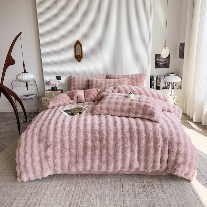 Rabbit hair big bubble fabric milk wool four-piece set thickened bed A-class treated fabric source factory cross-border trade details Picture