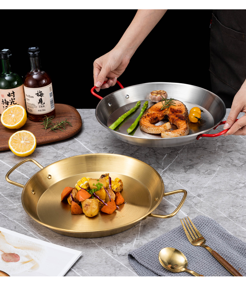 西班牙海鲜盘不锈钢双耳海鲜锅干锅盘韩式炸鸡盘金色小吃小龙虾盘详情6