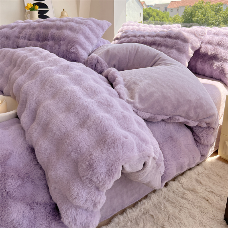 Rabbit hair big bubble fabric milk wool four-piece set thickened bed A-class treated fabric source factory cross-border trade pic 2