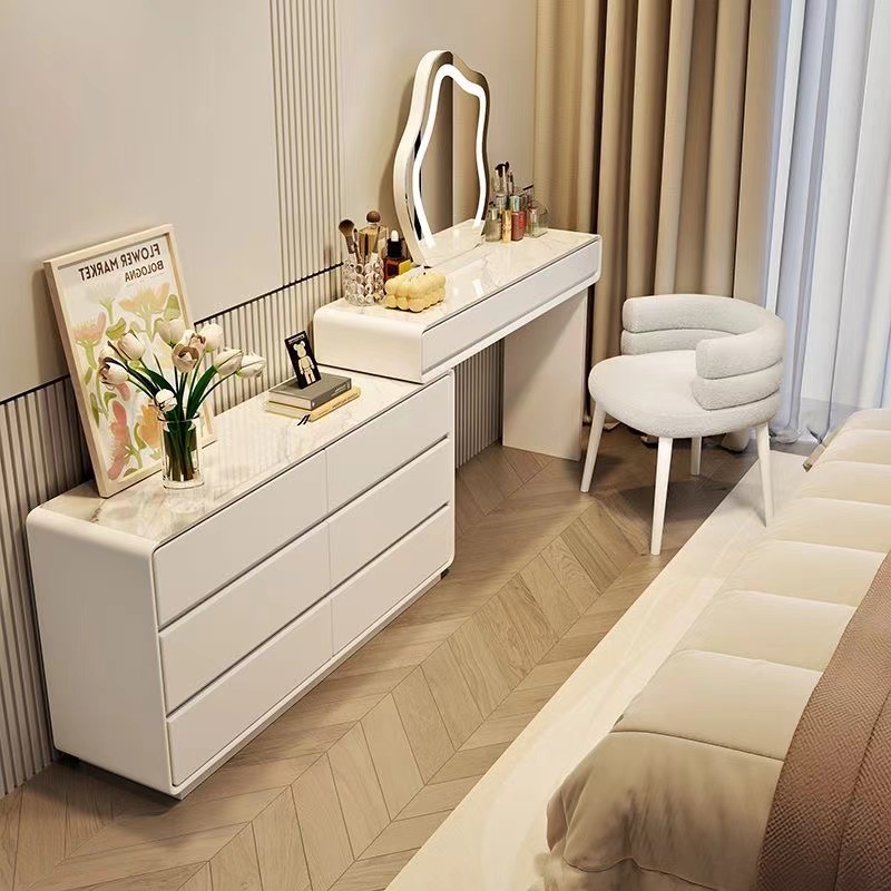 Princess-style ultra-narrow 30cm rock board solid wood master bedroom dressing table, bedside table, sliding bucket cabinet, integrated dressing table Application Scenario