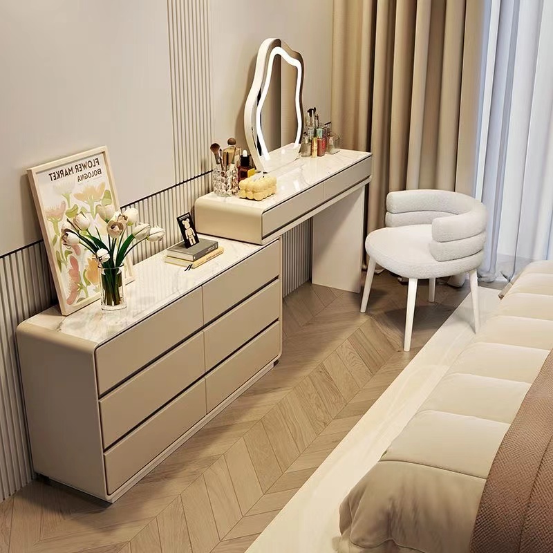 Princess-style ultra-narrow 30cm rock board solid wood master bedroom dressing table, bedside table, sliding bucket cabinet, integrated dressing table Item Picture