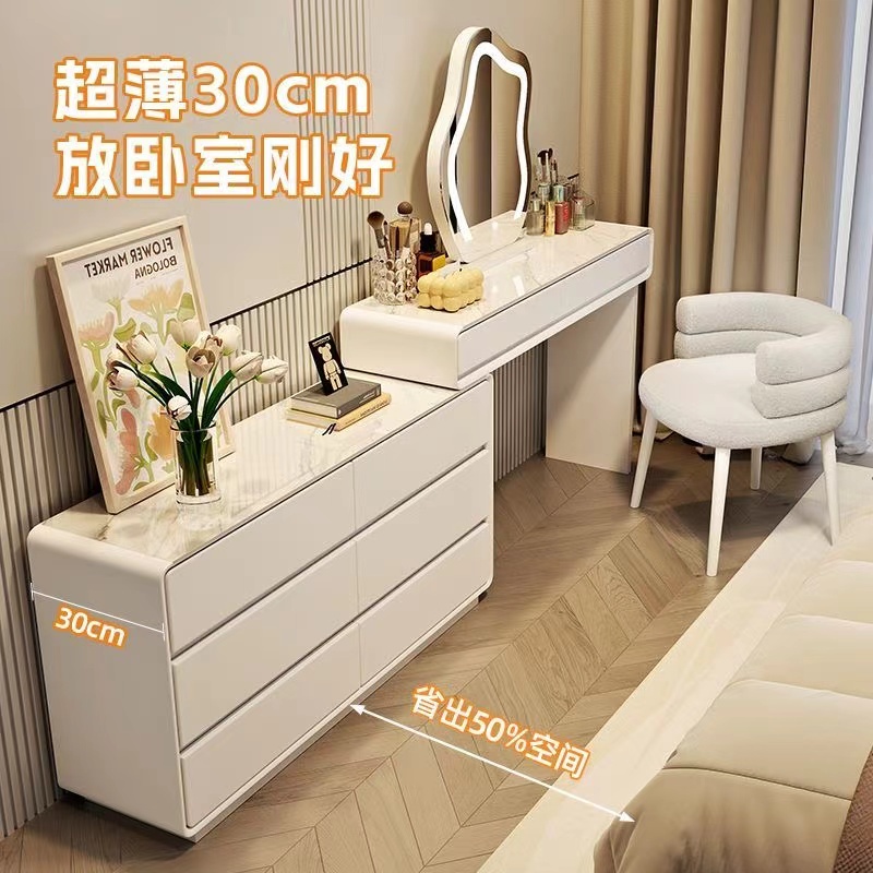 Princess-style ultra-narrow 30cm rock board solid wood master bedroom dressing table, bedside table, sliding bucket cabinet, integrated dressing table details Picture