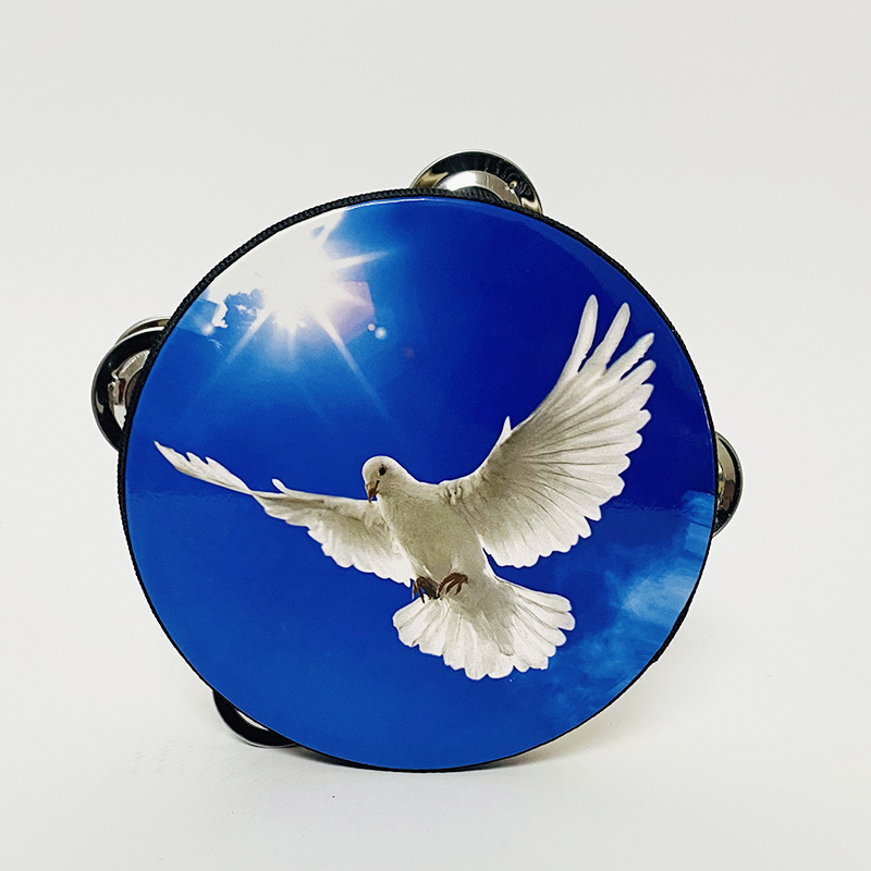 Double-row tambourine Orff percussion instruments, double-row blue doves, 6-inch, 8-inch, 10-inch tambourines, blue sky, peace doves, hand-beat drums Item Picture