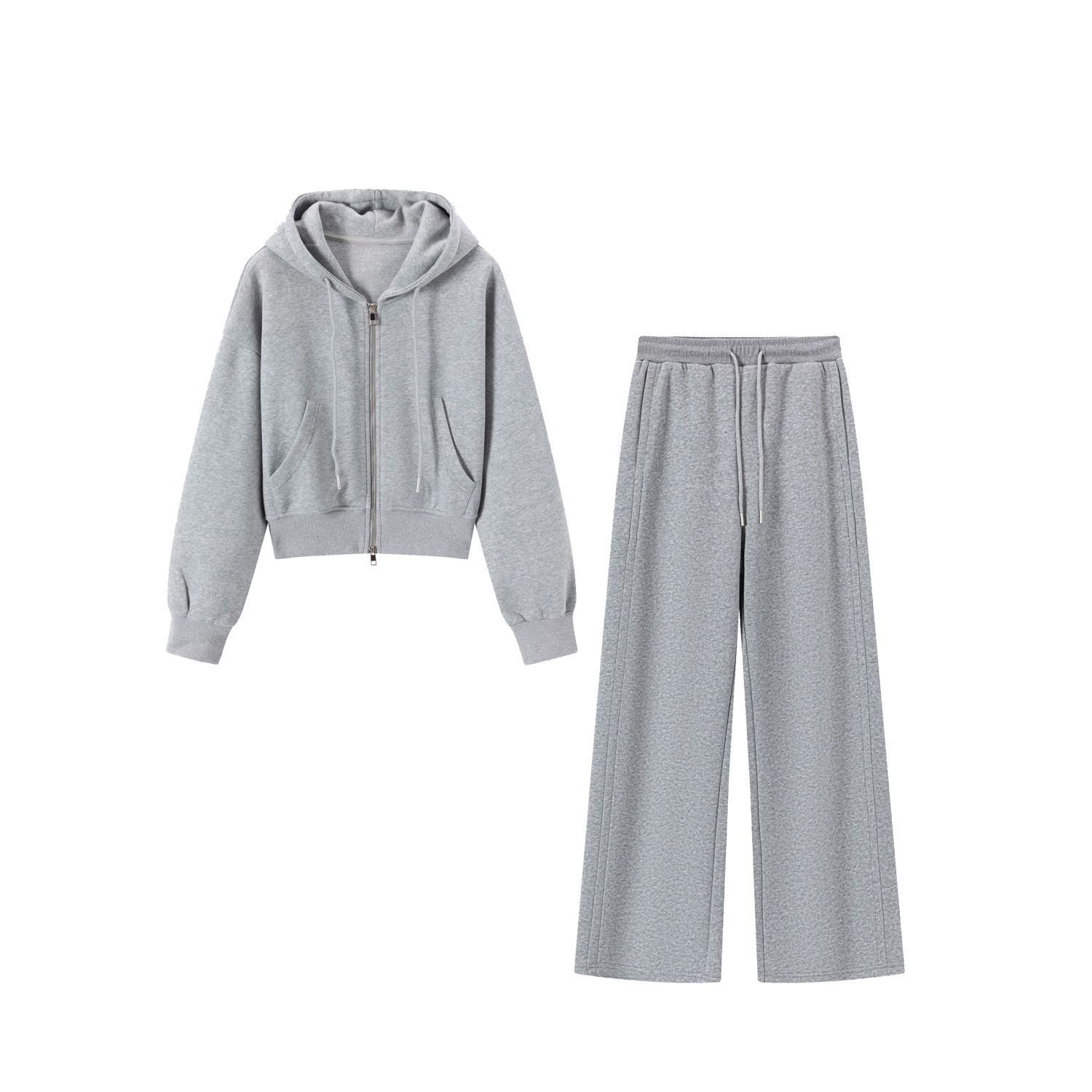 秋季新款连帽拉链外套上衣套装简约百搭宽松上衣直筒裤两件套