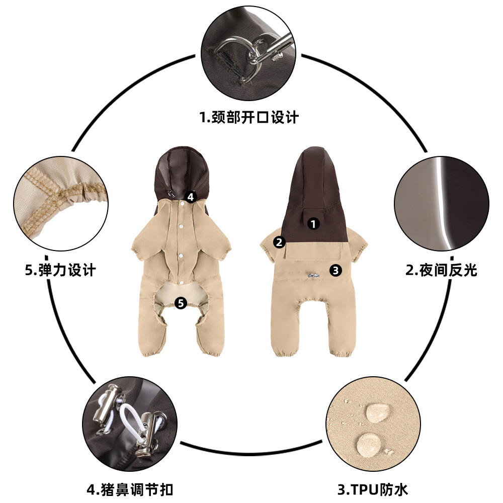 Dog windbreaker, suitable for both weather and rain, small and medium-sized pet towing, four-legged hooded sweatshirt, waterproof and windproof raincoat Specification image