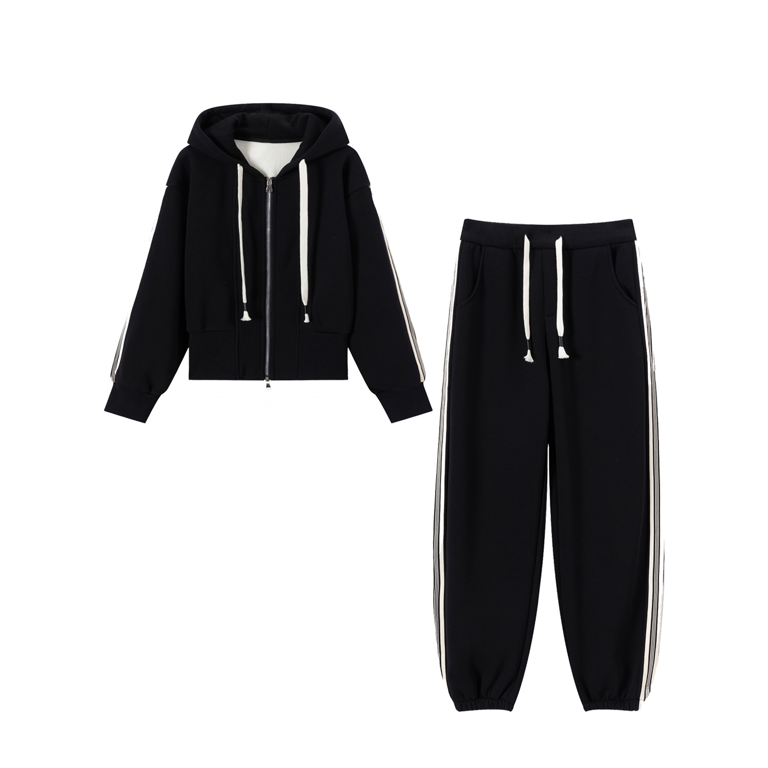 秋冬美式运动休闲套装条纹拼接连帽开衫外套卫衣卫裤男女同款经典潮流两件套