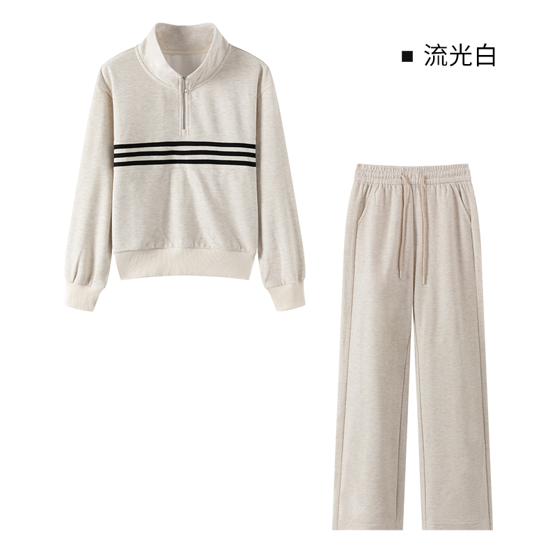 秋季新款条纹拼接半拉链套头上衣套装简约百搭宽松上衣直筒裤两件套