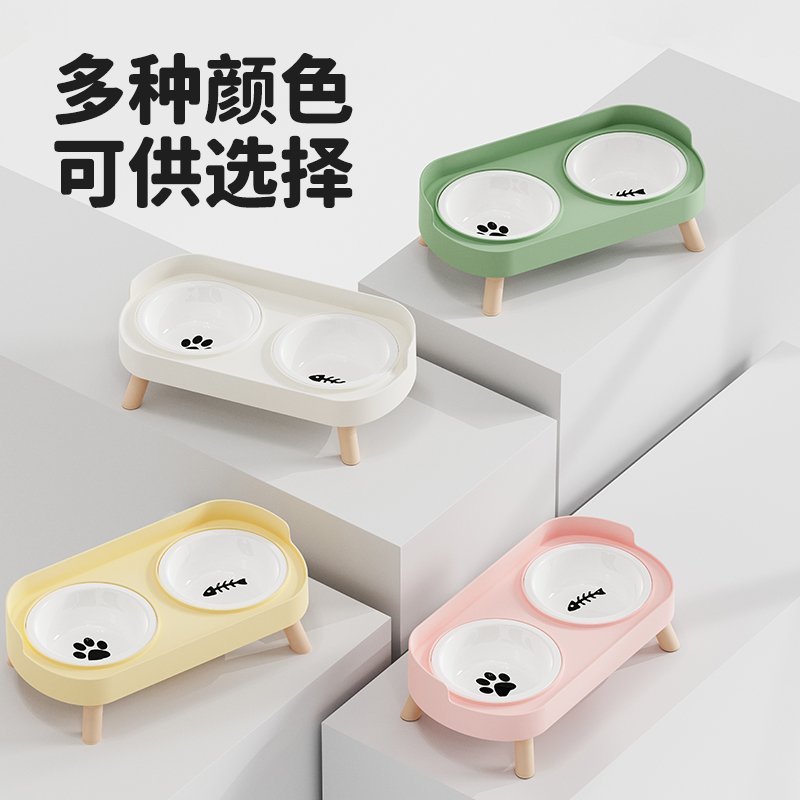 Pet ceramic double-bowl anti-knock neck guard cat bowl, dog rice bowl, water and food integrated pet food set feeder
