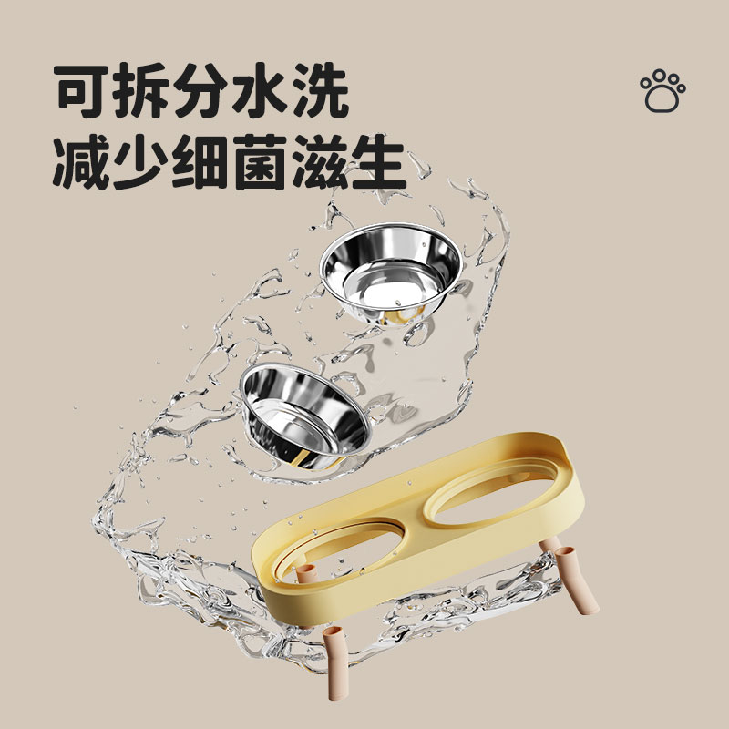 Stainless steel double-bowl anti-knock neck guard for pets, cat bowl, dog rice bowl, water and food integrated pet food set feeder details Picture