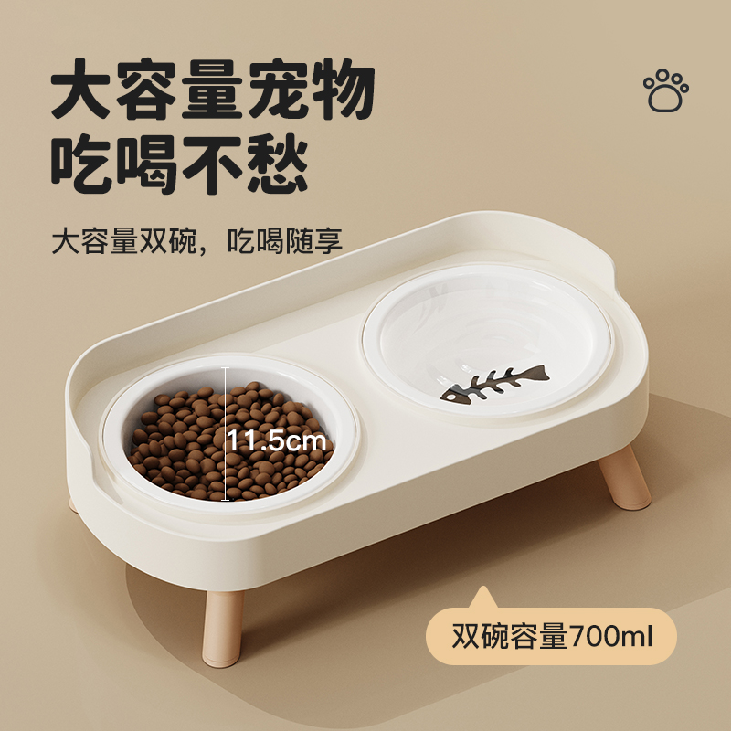 Pet ceramic double-bowl anti-knock neck guard cat bowl, dog rice bowl, water and food integrated pet food set feeder Item Picture