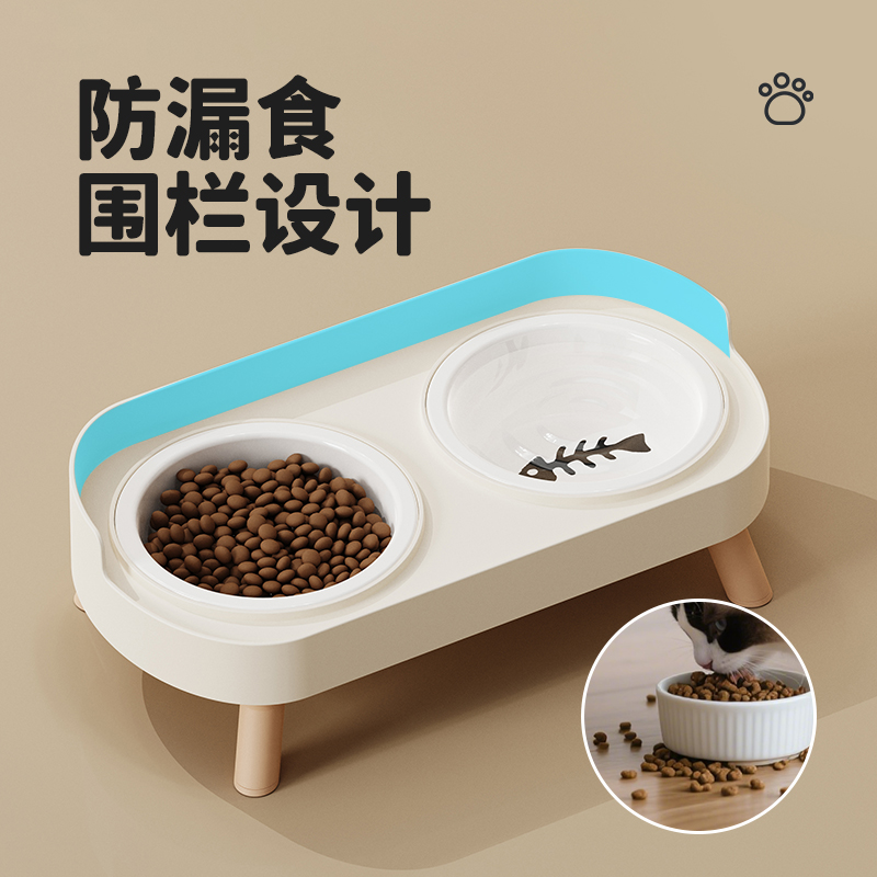 Pet ceramic double-bowl anti-knock neck guard cat bowl, dog rice bowl, water and food integrated pet food set feeder Specification image