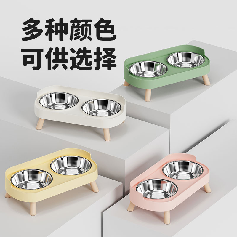 Stainless steel double-bowl anti-knock neck guard for pets, cat bowl, dog rice bowl, water and food integrated pet food set feeder Specification image