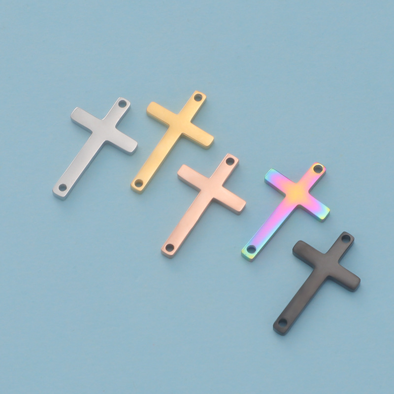 Cross-border best-selling in-stock double-hole cross small pendant, mirror-finish stainless steel DIY jewelry accessory, 11*18mm pendant details Picture