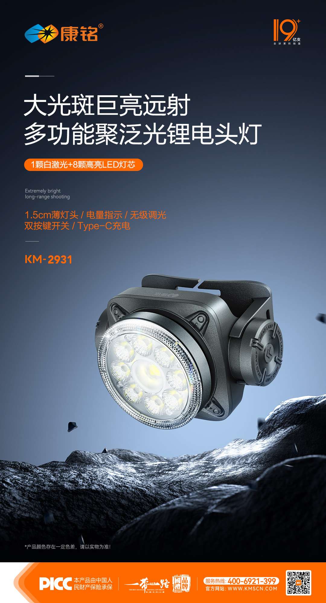 康铭多功能聚泛光锂电池头灯KM-2931
