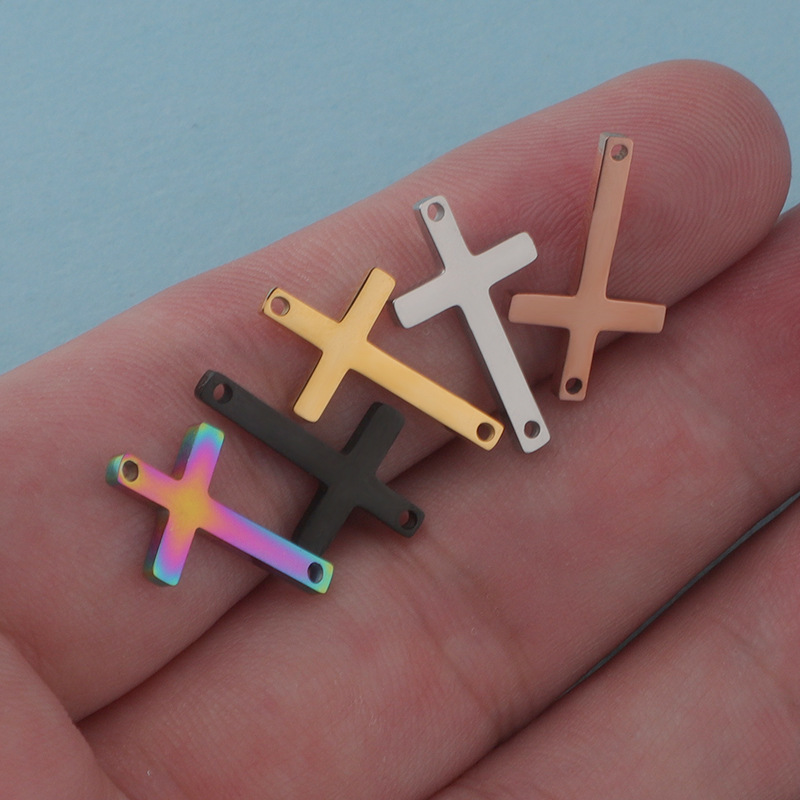 Cross-border best-selling in-stock double-hole cross small pendant, mirror-finish stainless steel DIY jewelry accessory, 11*18mm pendant Specification image
