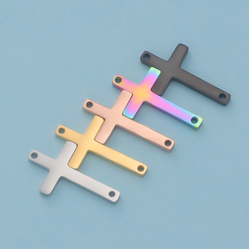 Cross-border best-selling in-stock double-hole cross small pendant, mirror-finish stainless steel DIY jewelry accessory, 11*18mm pendant Application Scenario