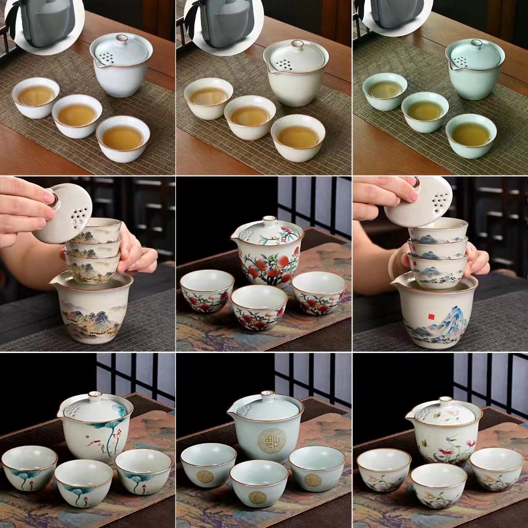 旅行茶具/茶具/陶瓷快客杯/快客杯/粉色茶具白底实物图