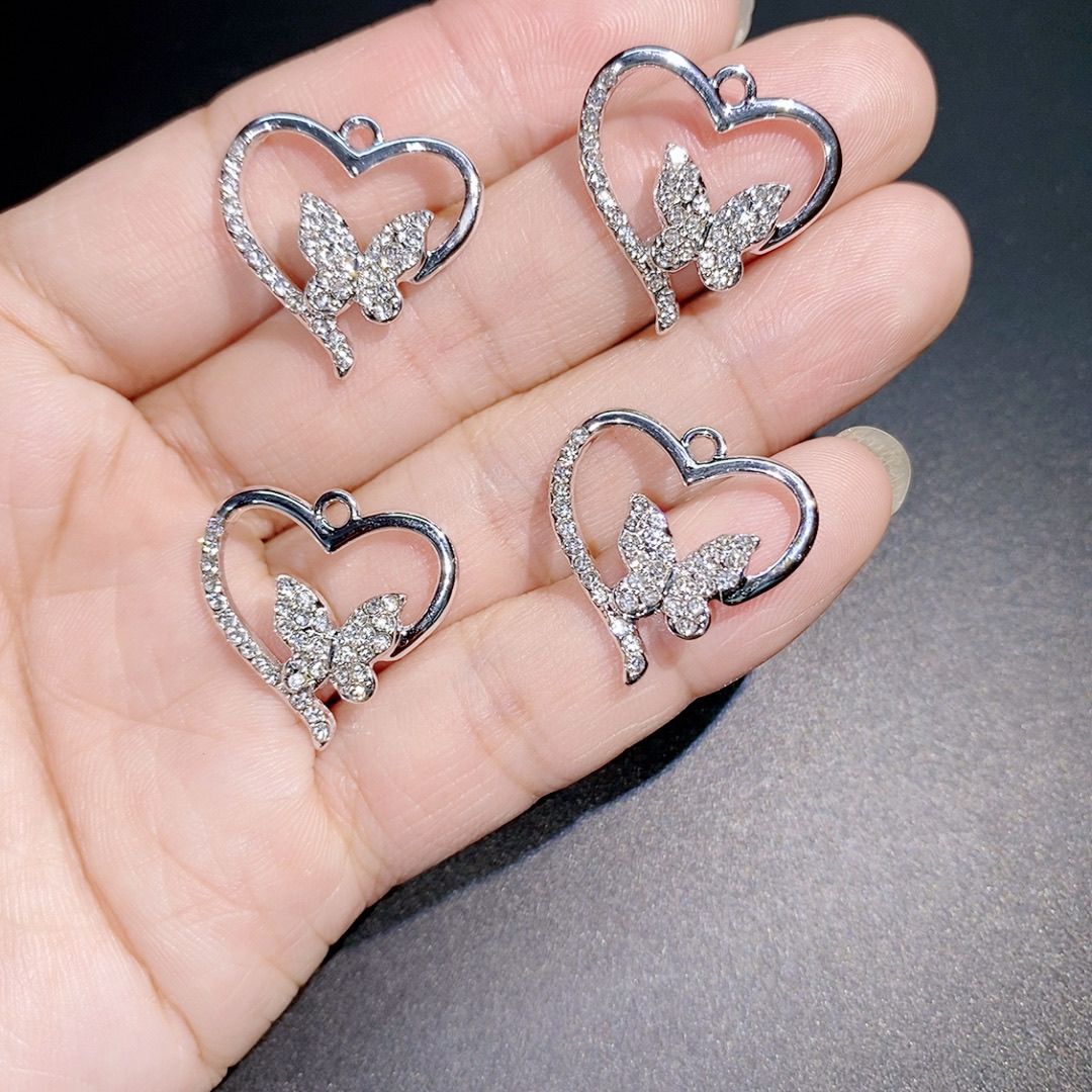 新款小清新镂空心形满钻蝴蝶保色合金手链耳饰吊坠饰品配件diy