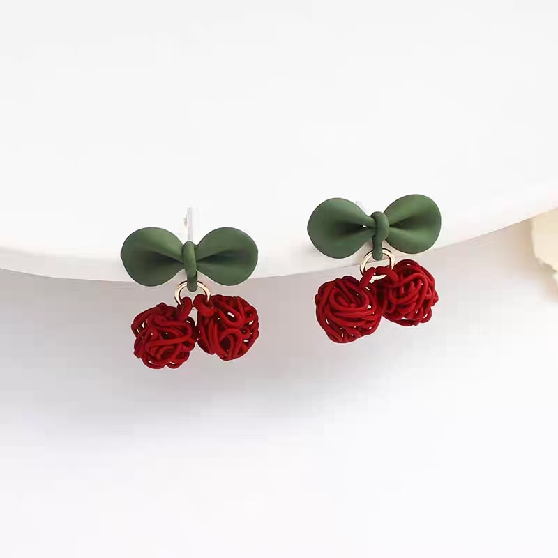Rojo cereza earpin arco pendientes para mujeres details Picture