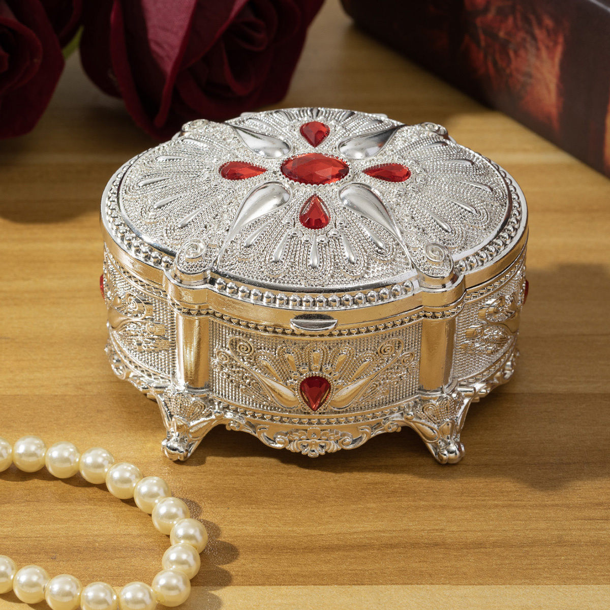 欧式玫瑰花珠宝盒轻奢创意珠宝彩色手工绘制结婚装饰情人节戒指项链金属高档金属首饰盒