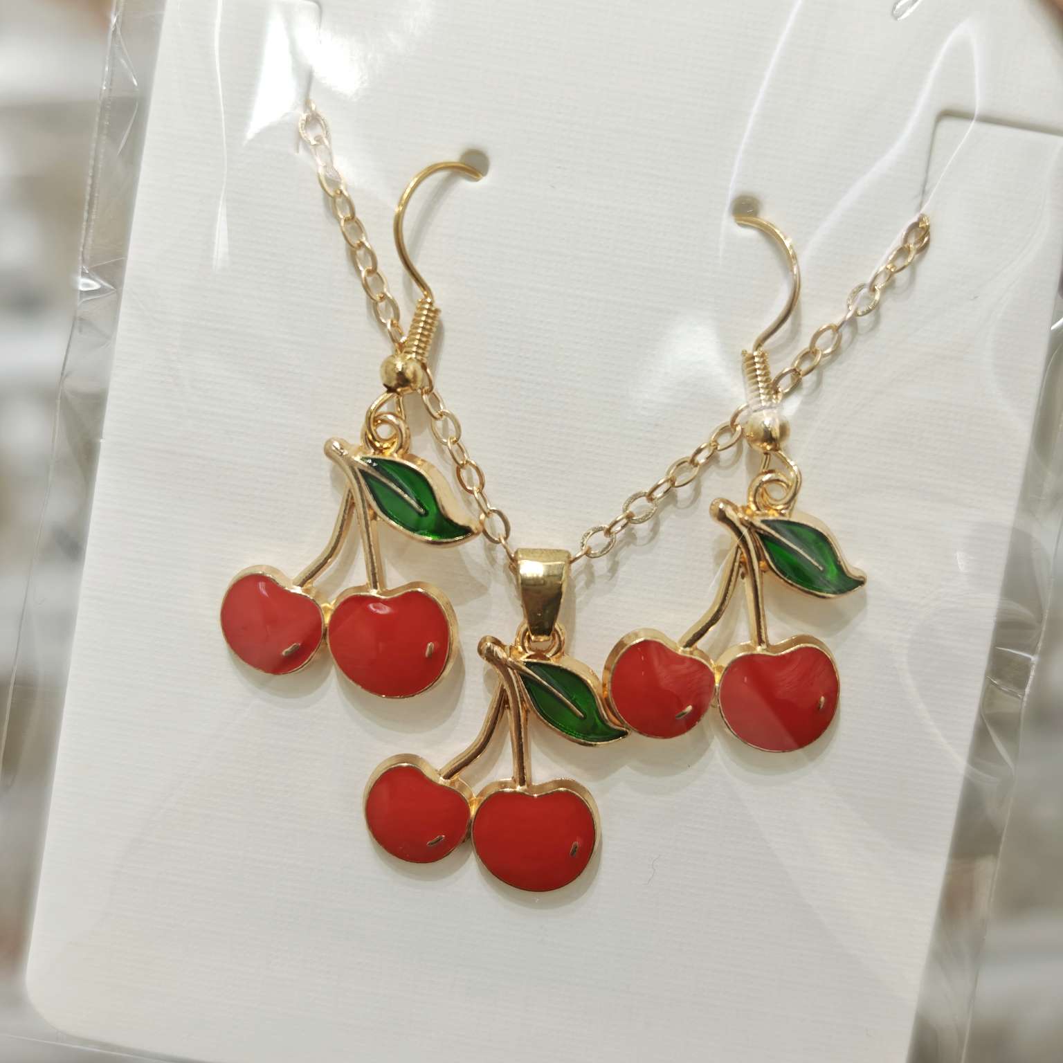跨境外贸樱桃水果爆款套装耳环项链女士个性气质时尚饰品