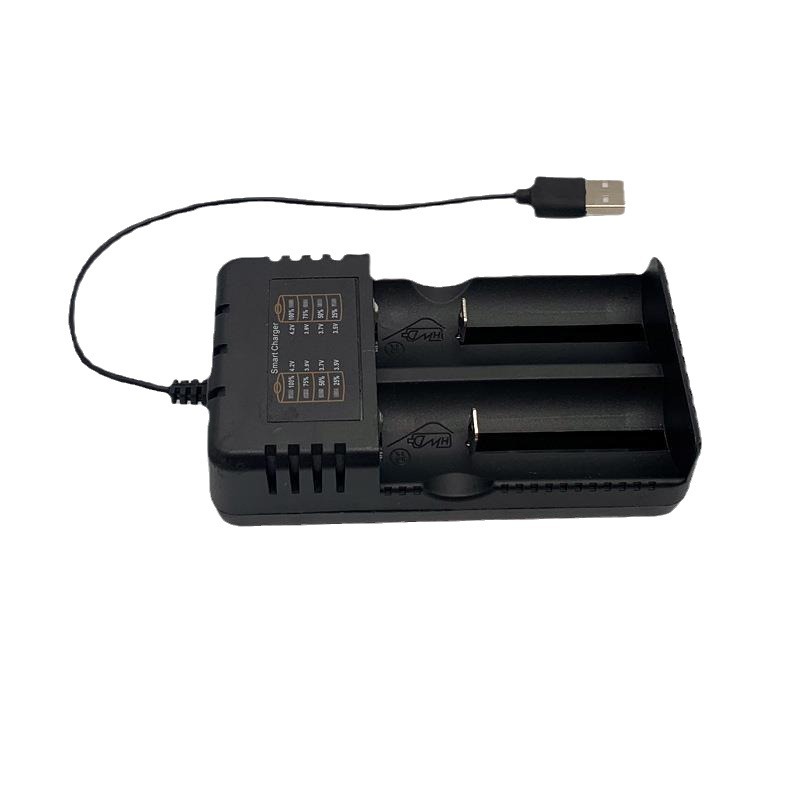 The 2-slot smart charger features fast charging and overcharge protection, suitable for various battery models Specification drawing
