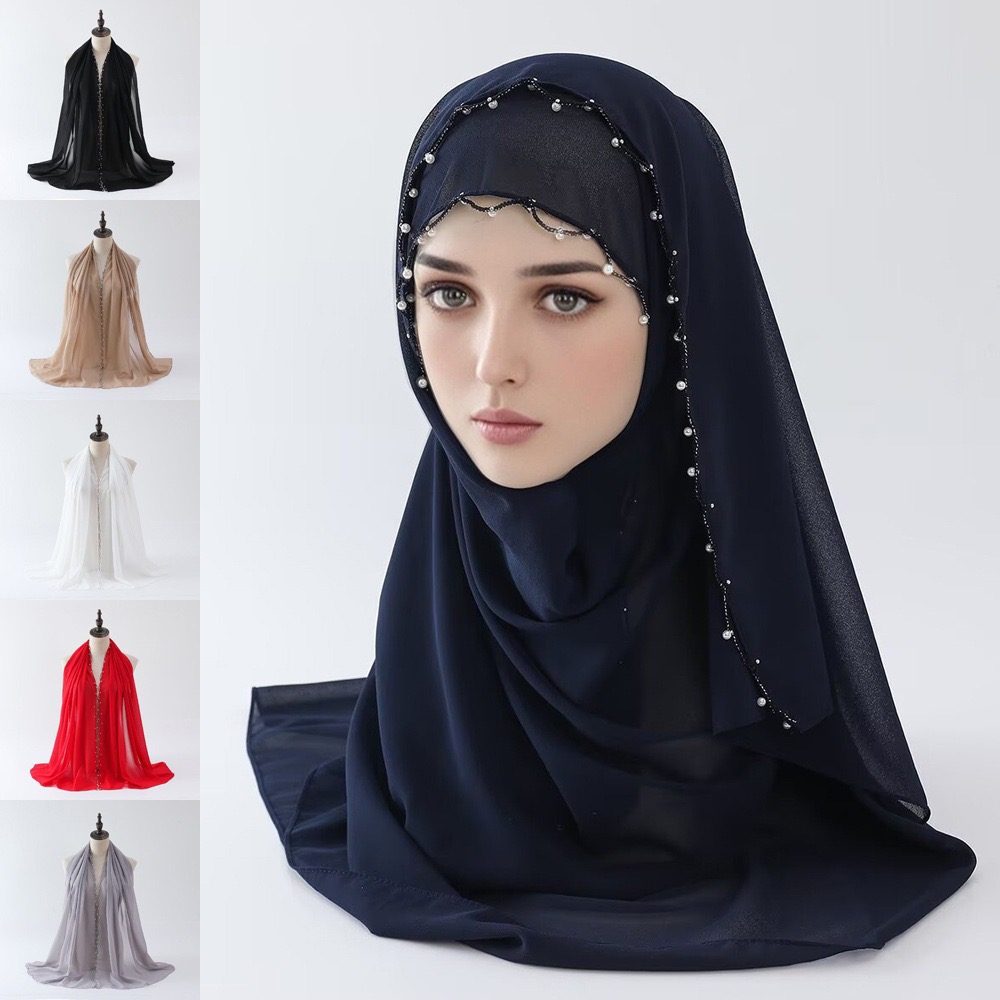 跨境单色珍珠雪纺波浪边钉珠围巾回族纱巾马来头巾中东非洲hijab