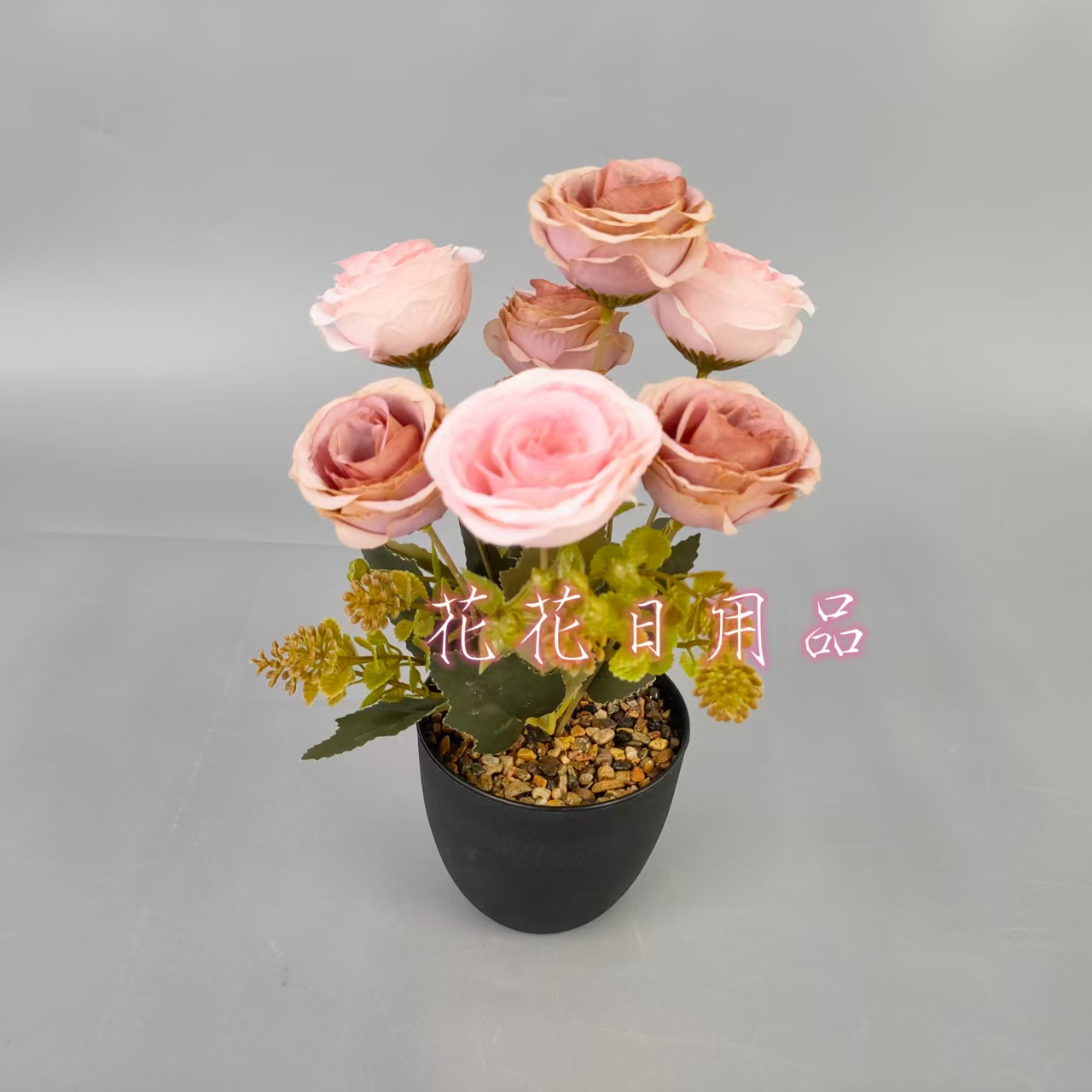 Artificial flower, fake flower bonsai, plastic pot, rose decoration details Picture