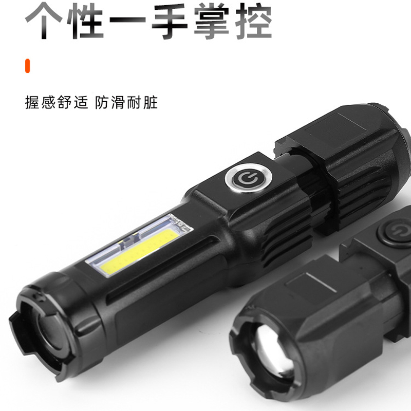 Q1 Plastic flashlight, telescopic zoom side light flashlight, USB charging and focusing flashlight, portable mini flashlight Application Scenario