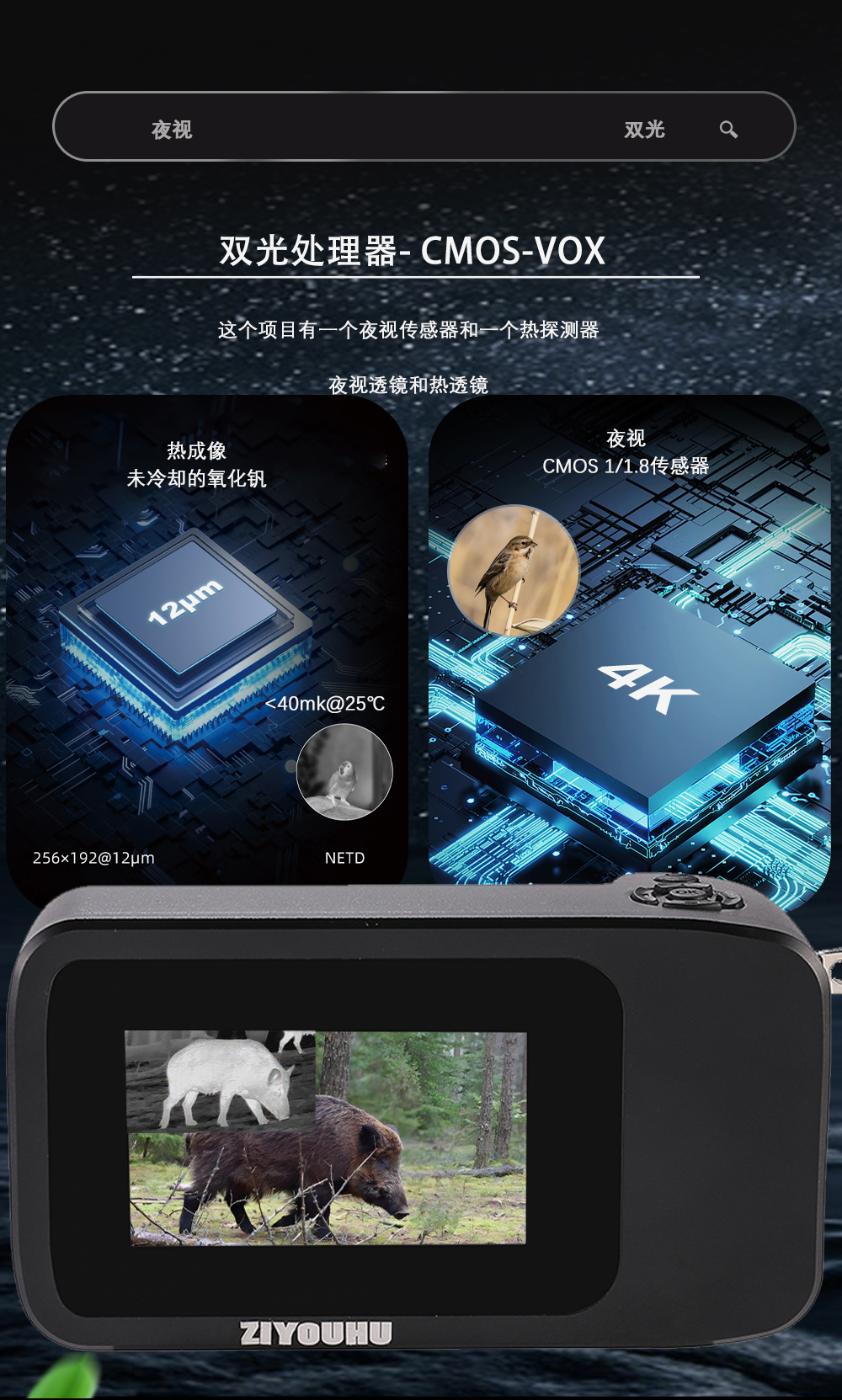 双光红外热成像仪全彩夜视仪三光一体手持带热成像昼夜二用全黑 pic 2