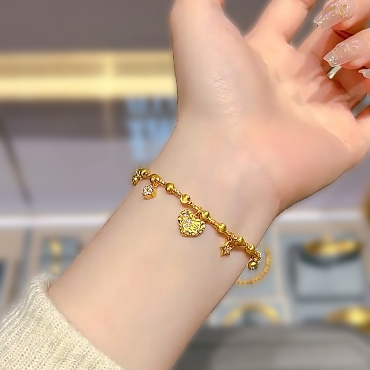 Athena Jewelry and Gold Store's same style sand gold brushed cat's eye diamond heart four-leaf clover bracelet faceted bead bracelet as a gift for women detail image 4