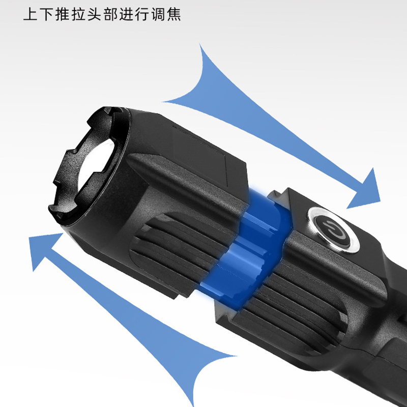 Q1 Plastic flashlight, telescopic zoom side light flashlight, USB charging and focusing flashlight, portable mini flashlight Item Picture