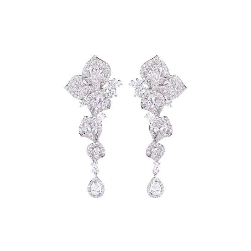 Luxurious and high-end Zircon super-sparkling long fringed ear pin ear clips