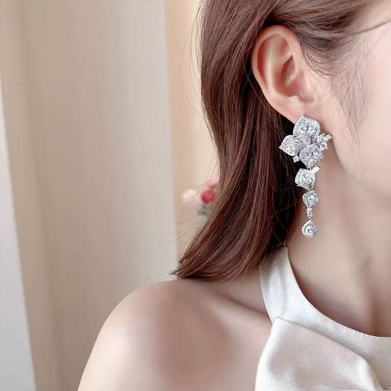 Luxurious and high-end Zircon super-sparkling long fringed ear pin ear clips Item Picture