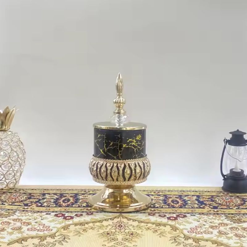 Decorative black glass storage jar with perforated metal base and gold lid luxury candy jar, perfect for home or office Specification image